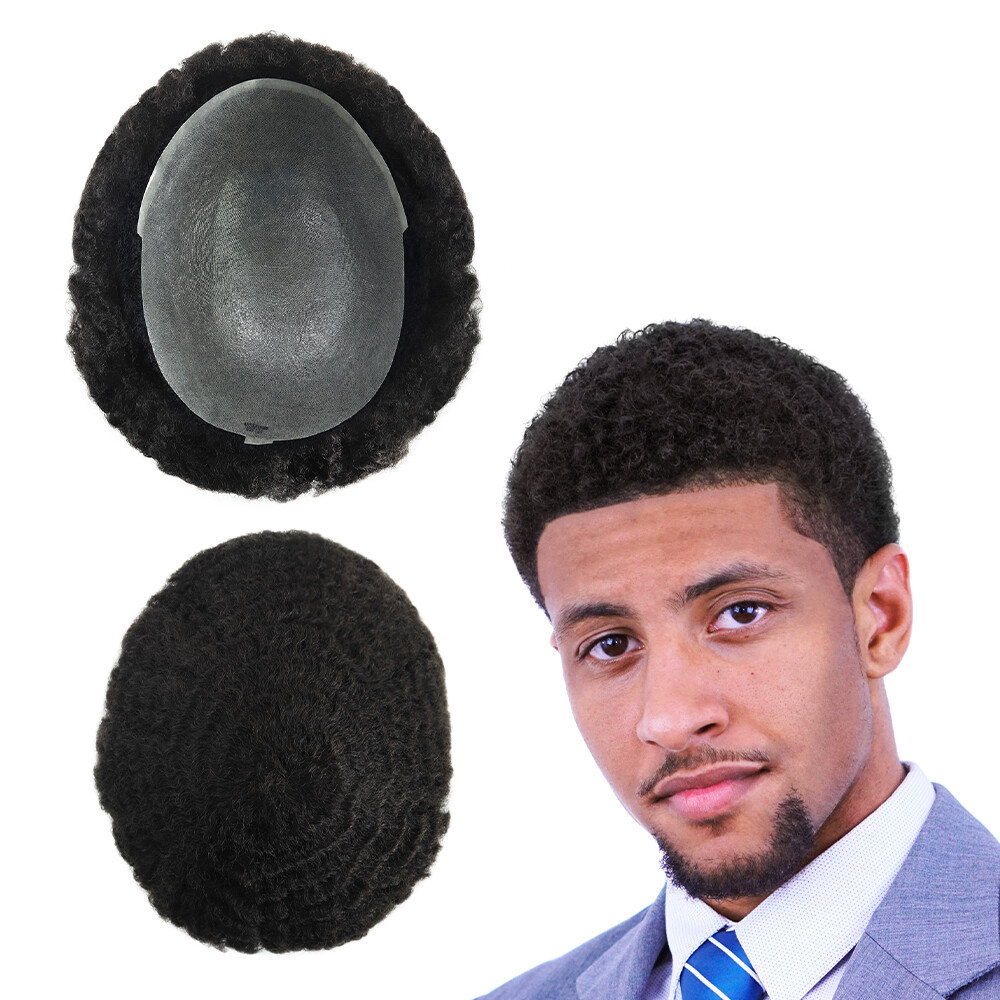 Mens Human Hair Replacement System Afro Curl Poly Skin Toupee Black Hair Pieces