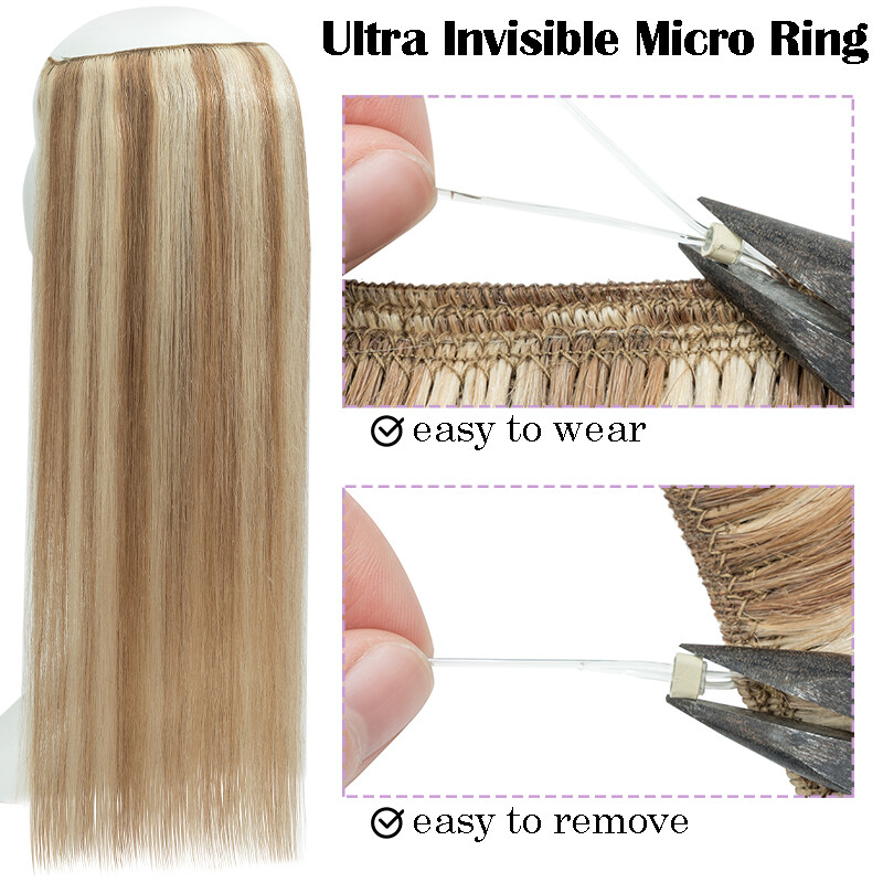 Invisible Ring Clip in Wire Fish Line Weft Remy Human Hair Extensions Hairpiece