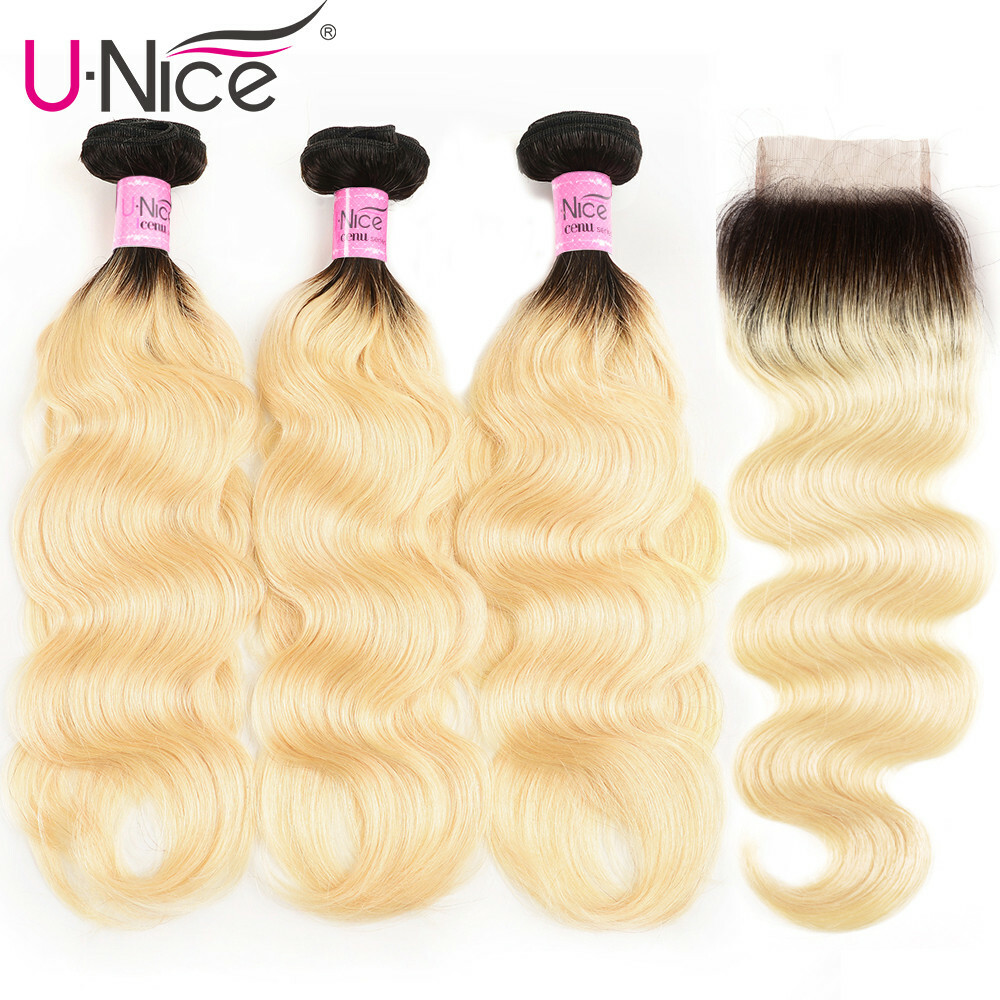 UNice Malaysian Ombre Blonde Body Wave Human Hair Weave Bundle With Lace Closure