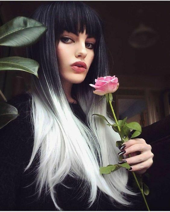 Long Ombre Black to White Wig With Bangs Straight Synthetic Wigs Heat Soft Fiber