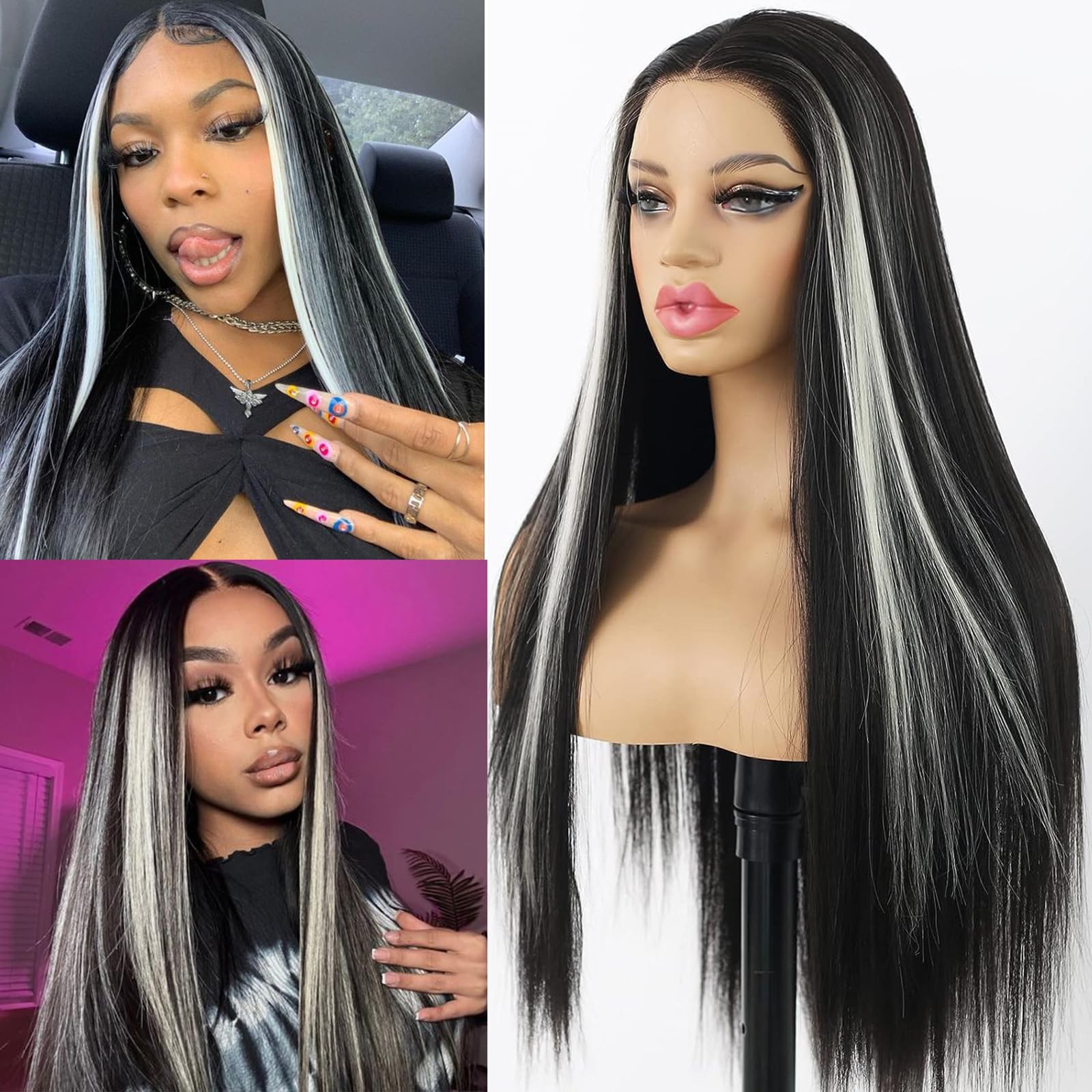 MACA BAKA Highlight Skunk Stripe White Synthetic Lace Front Wig Glueless Long