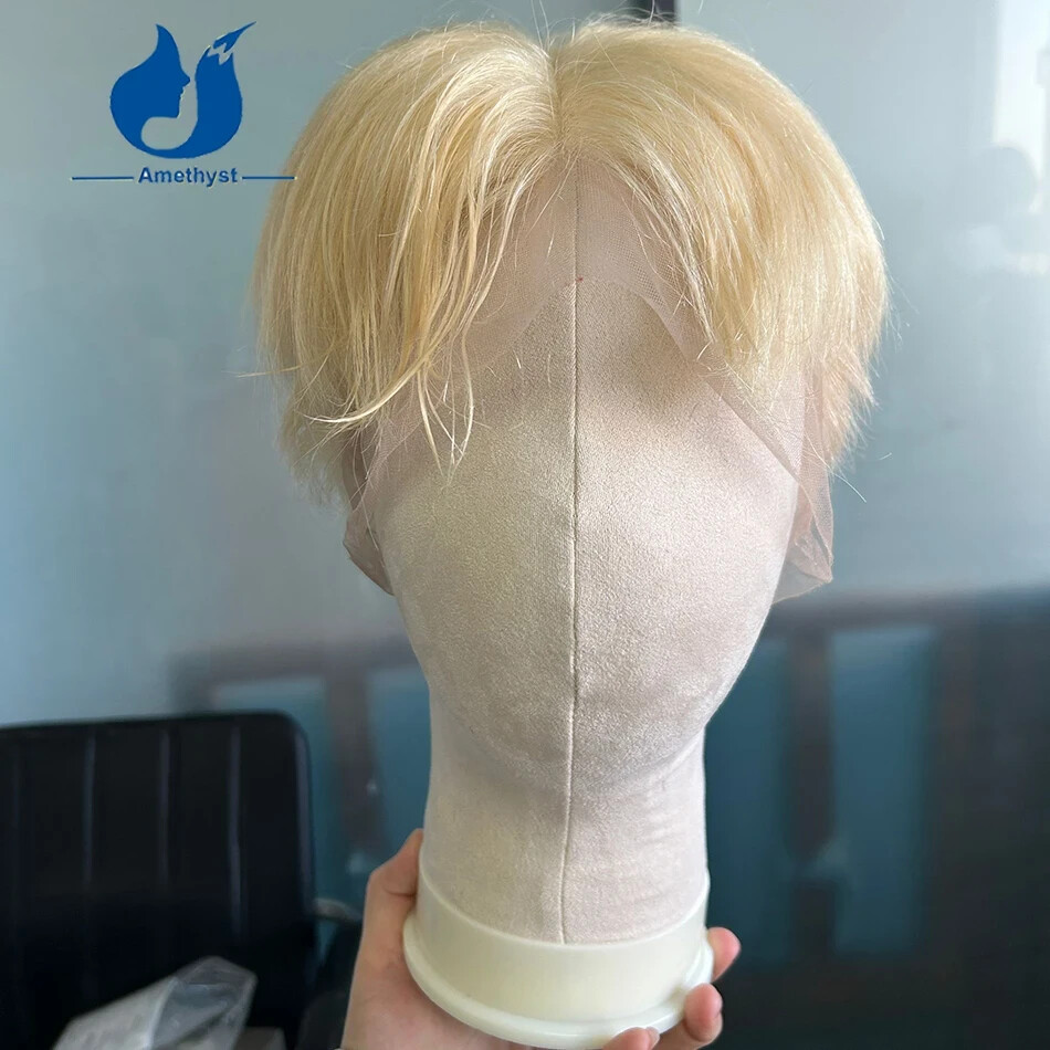 613 Blonde Straight Men’s Pixie Cut Wig Full Lace Bob Brazilian Remy Human Hair