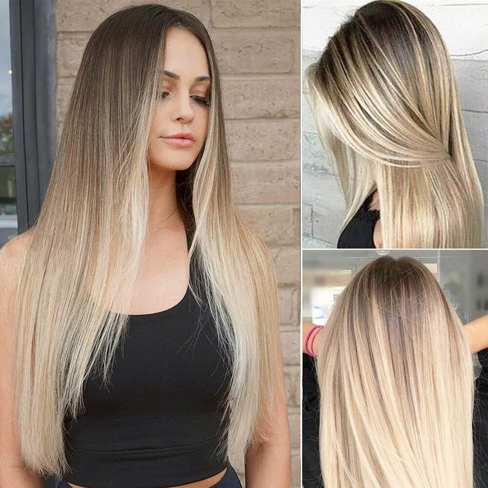 Women Real Long Straight Hair Wigs Ladies Natural Ombre Blonde Cosplay Full Wig