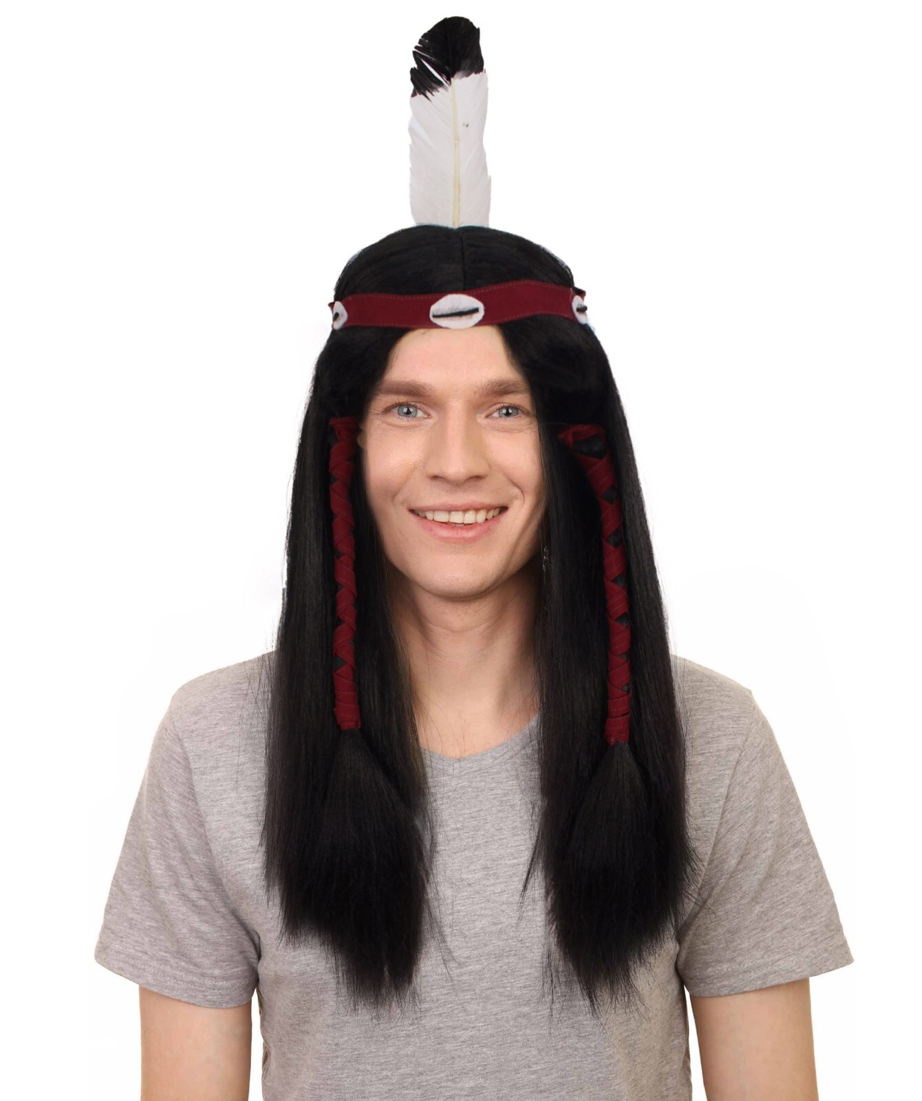 Adult Men’s Long Length Native American Wig, Black Color, Breathable Capless Cap