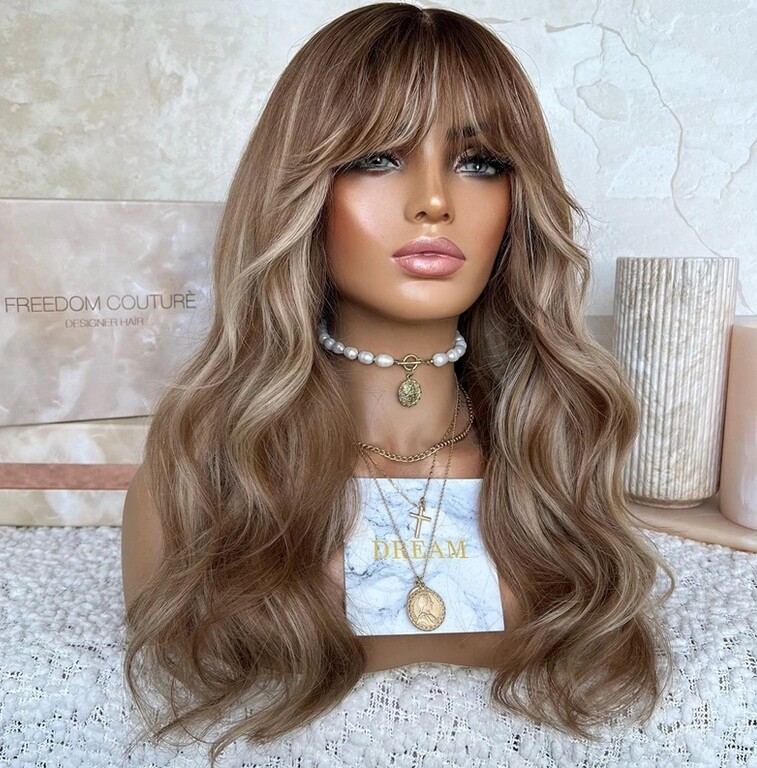 Ombre Highlights Loose Wave Wig with Bangs 100% Human Hair Wig Lace Front Wig