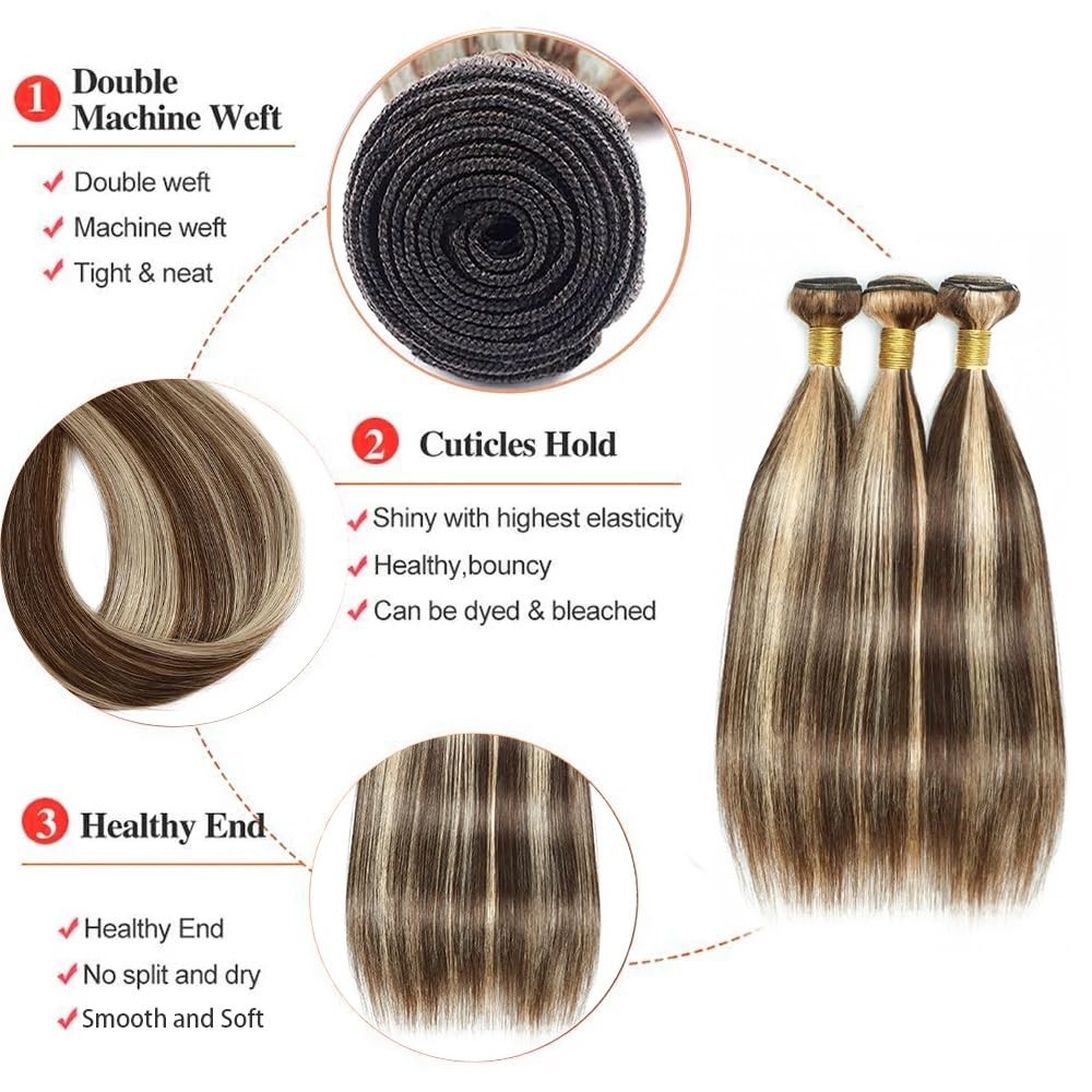 Dokksiiia Piano P4/613 Ombre Human Hair Bundles Dark Brown Blonde 8/10/12