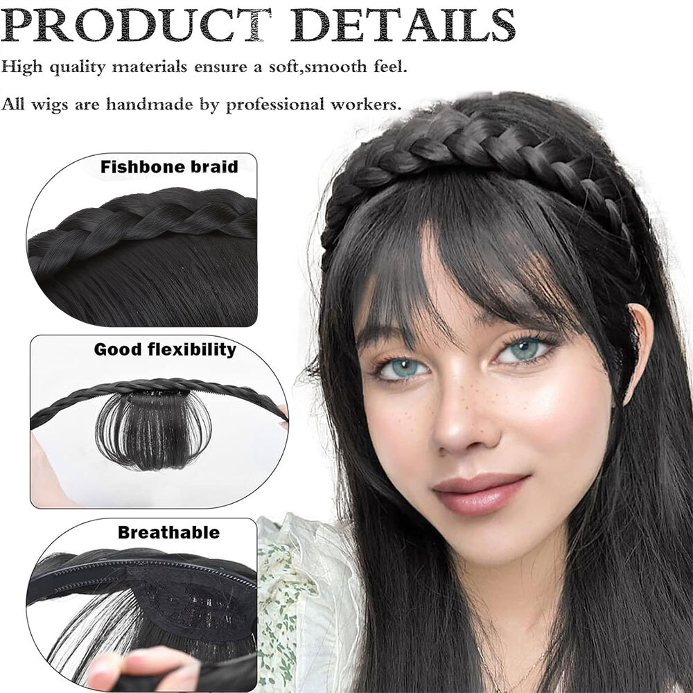 Clip In Bangs Hairpiece Wispy Fringe Headband with Temples Topper Curved Bangs