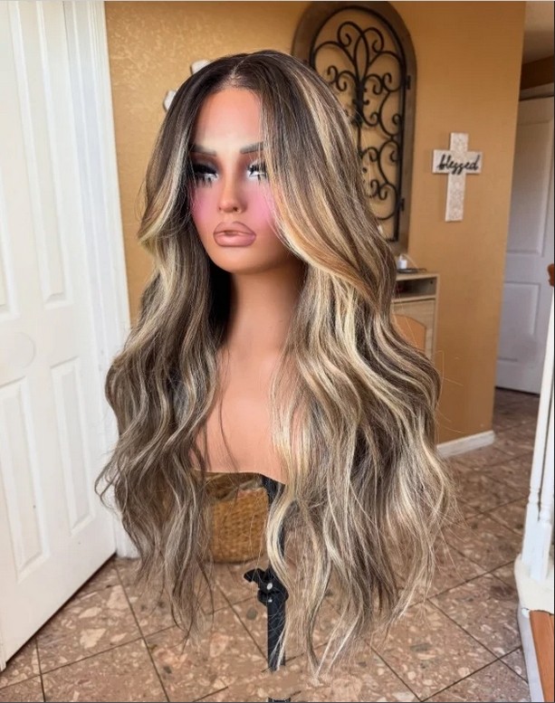 Mixed Brown And Blonde Streaks Wave Wigs 100% Human Hair Lace Front Wigs 13×4