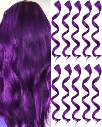 10 PCS Purple Hair Extensions, Curly Wavy Synthetic 10 PCS-Dark Purple