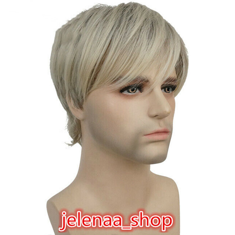 Mens Short Straight Blonde Mix Hair Wig European and American Oblique Bangs Wig