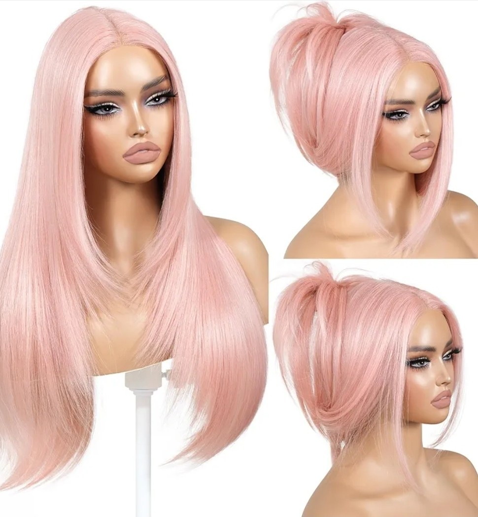 Pastel Pink HD Front Lace Human Hair Blend 26 Inch Long Straight