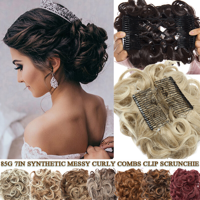Short Messy Curly Updo Dish Hair Bun Extension Stretch Combs Clip in Ponytail US