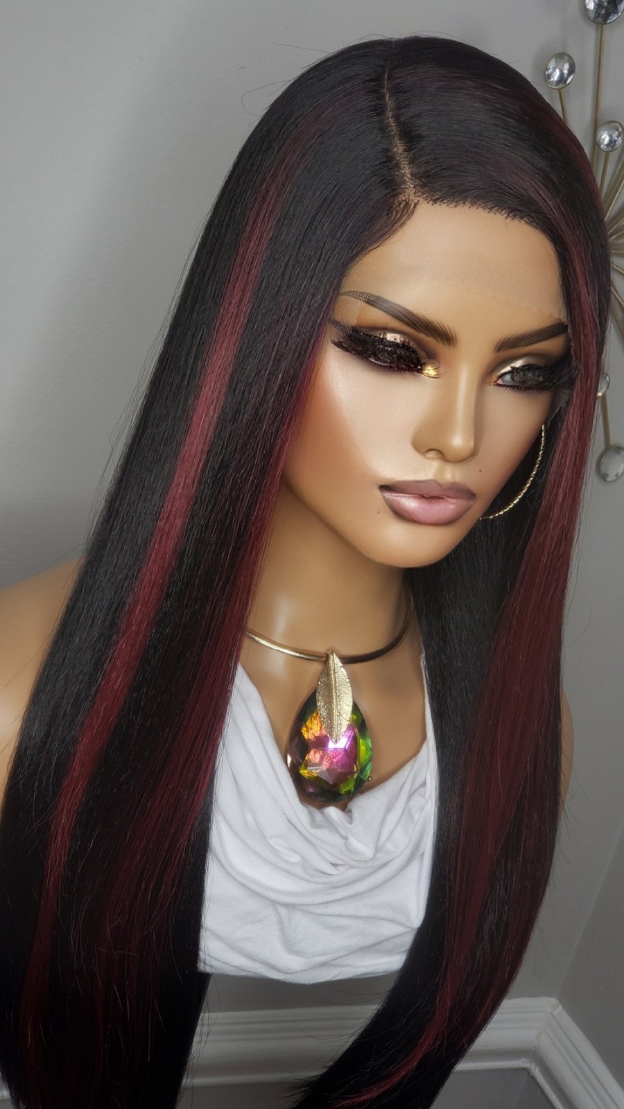 New Long Straight Style Burgundy Red Black Highlights Lace Front Wig Womens Hair