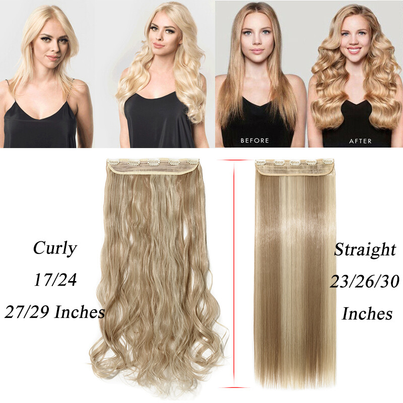 Real THICK Clips in One Piece Hair Extensions As Human Curly Blonde Hairpiece US