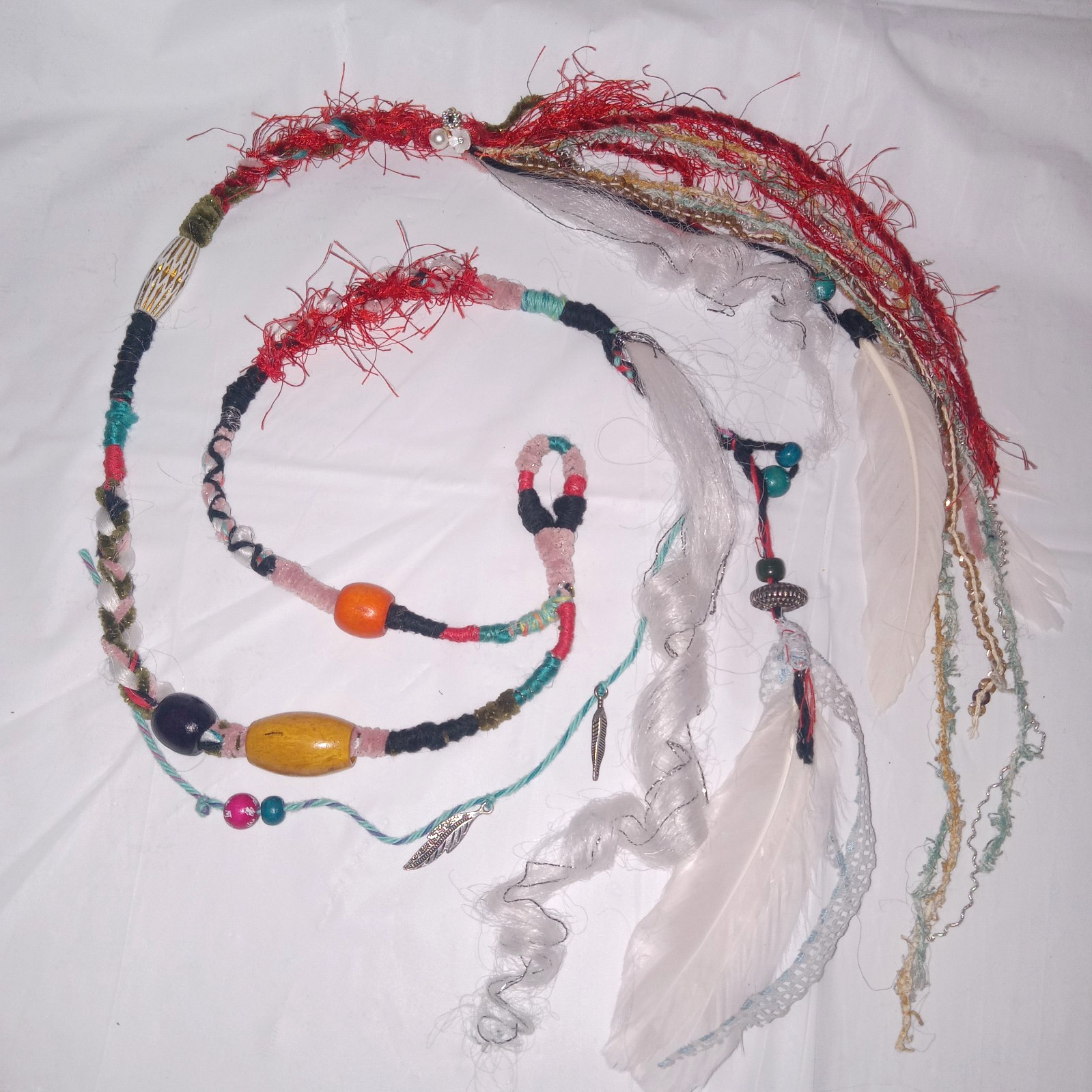 62″ double-ended Dread white loc Hair Wraps Beads Boho feather extension Ombre