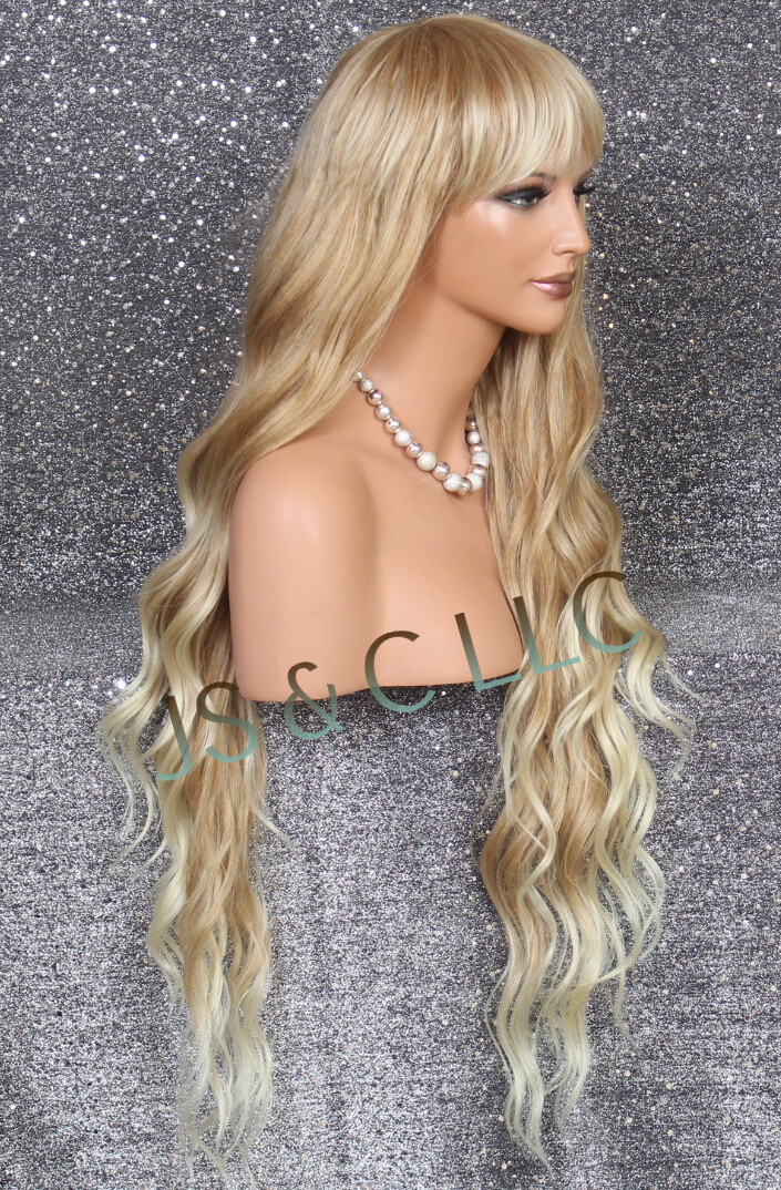 Human Hair Blend 40″ Long Full Wig Heat OK Wavy Blonde mix bangs JSSH 27-613