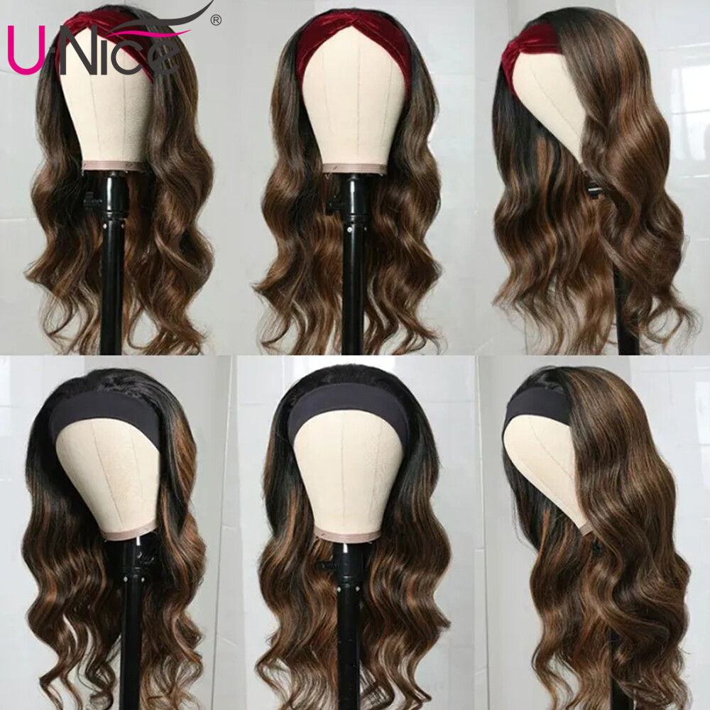 UNice Cambodian Ombre Highlight Balayage Brown Body Wave Headband Human Hair Wig