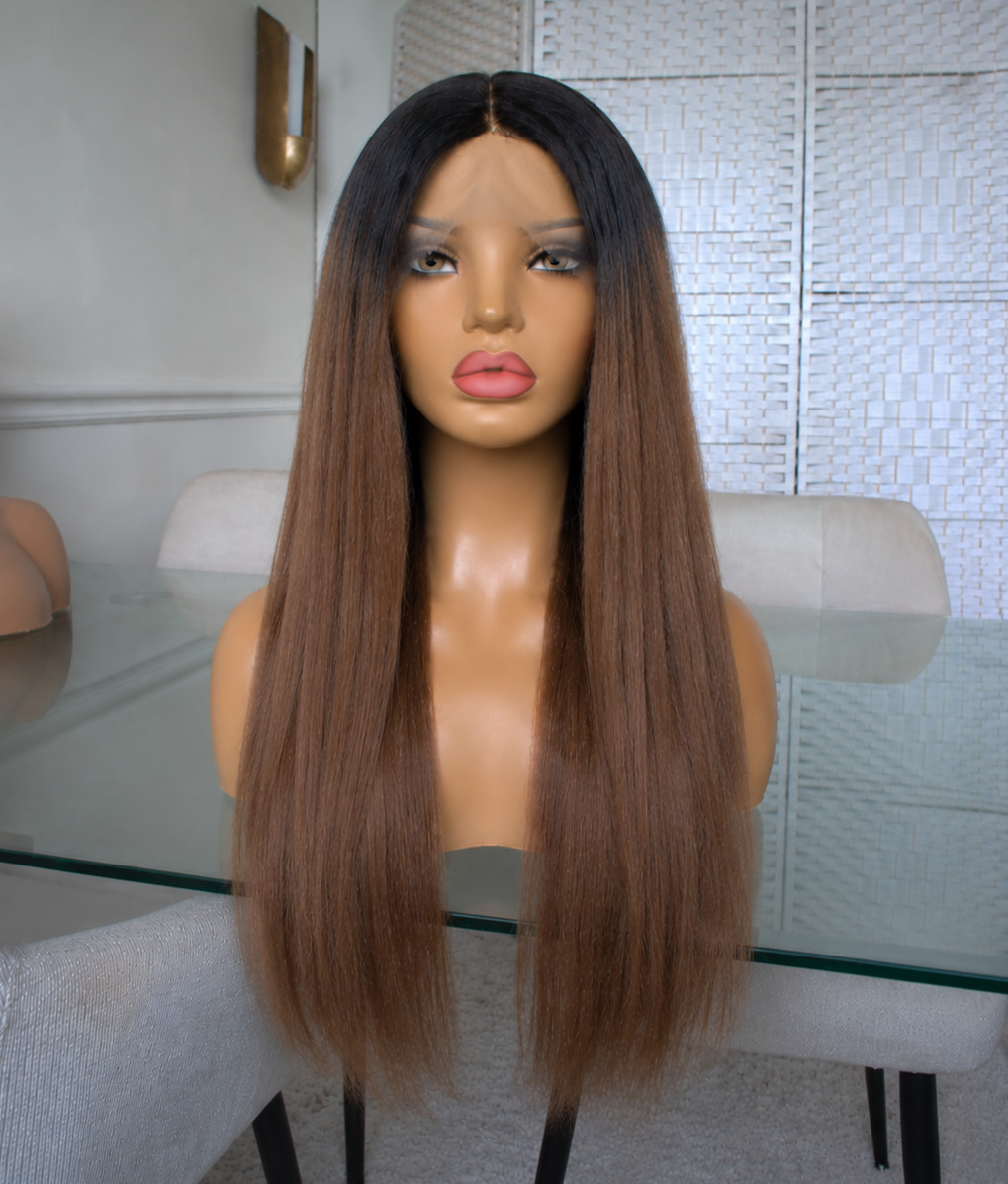 28″ Yaki Straight Lace Front Wig 1B/30 Black Brown Natural Looking
