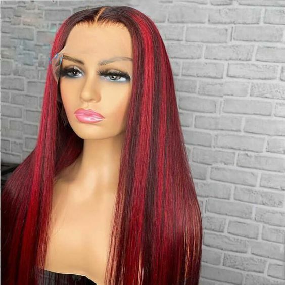 Black Wigs With Red Highlights Streak 100% Human Hair Lace Front Wigs 13×4