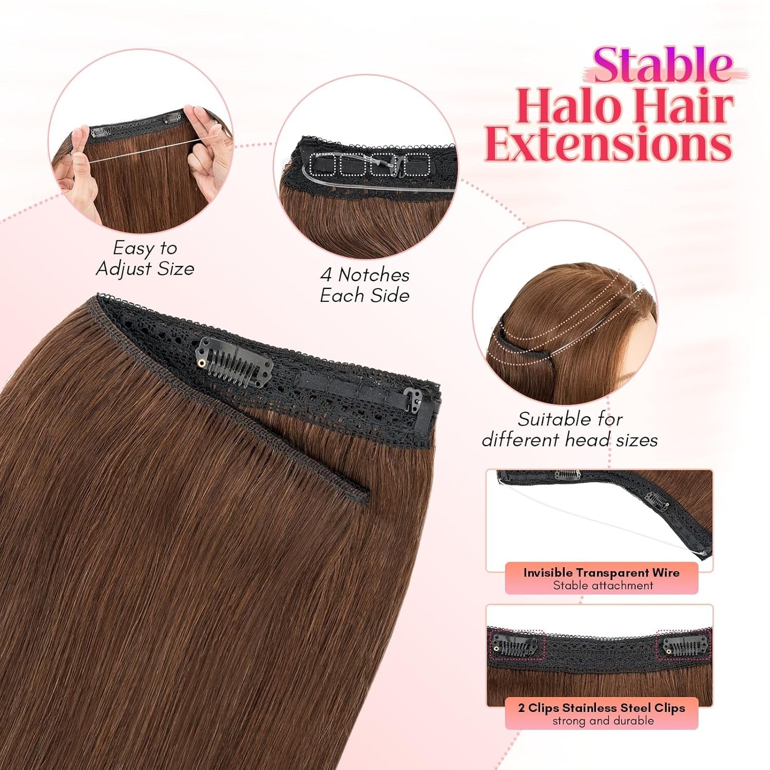 Halo Remy Human Hair Extensions 11 inch #4 Medium Brown Invisible Wire Clip In