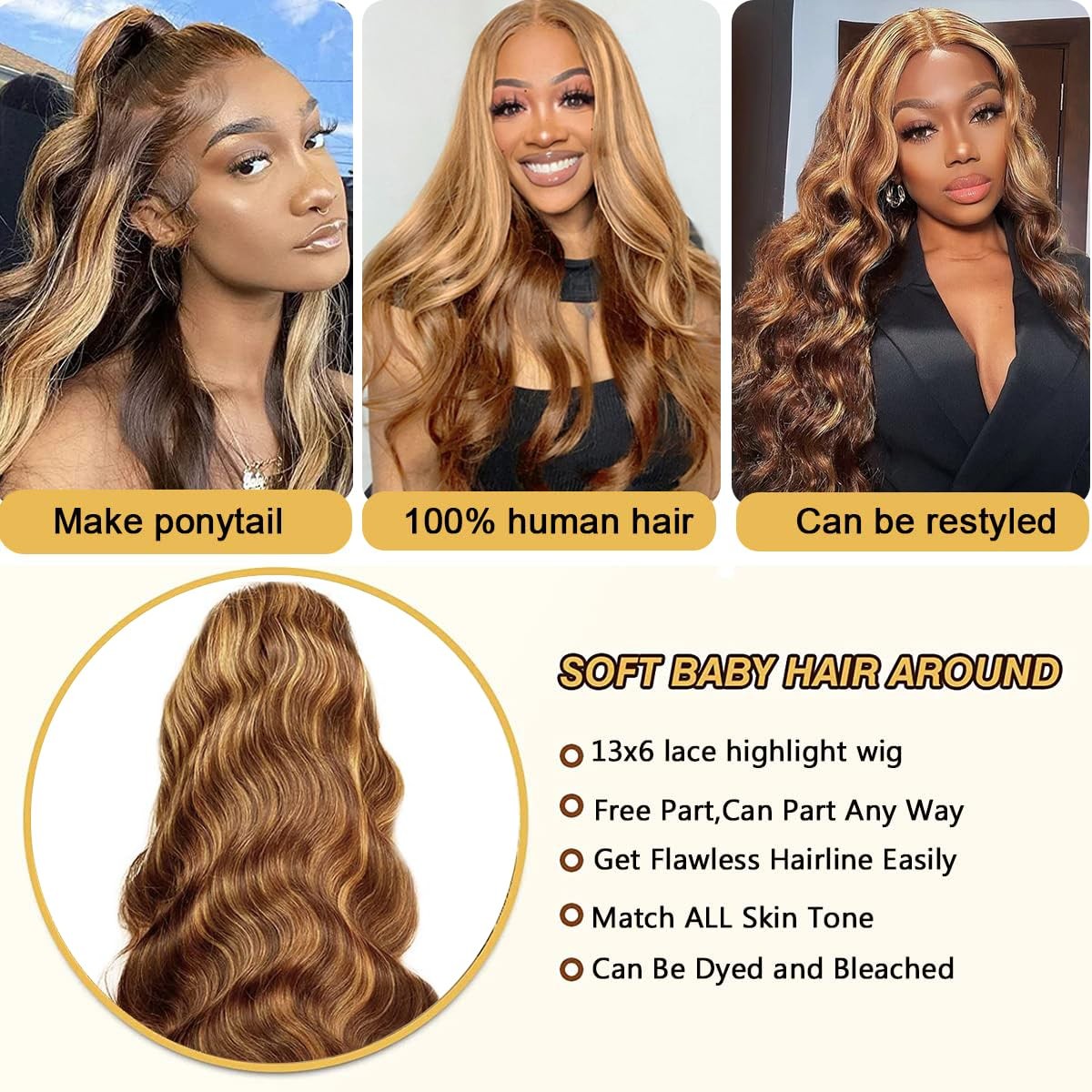 200 Density 13×6 Highlight Ombre 4/27 Body Wave Lace Front Wig Human Hair Ful…