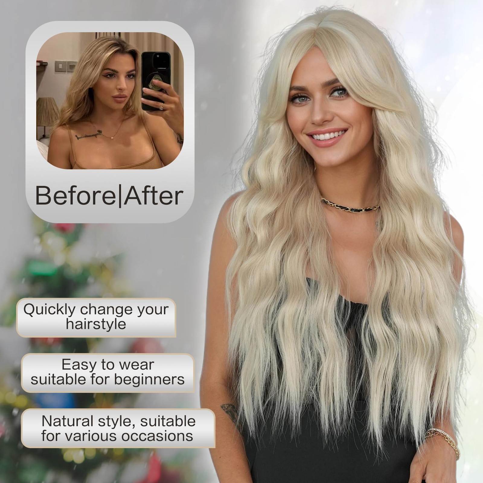 Long Wavy Ash Blonde Wig with Curtain Bangs Heat Resistant Fiber Layered Synt…