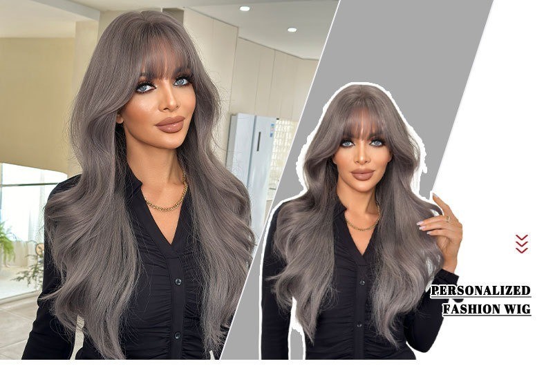 Grayish-purple long wavy hair with fringe-style bangs artificial hair natural