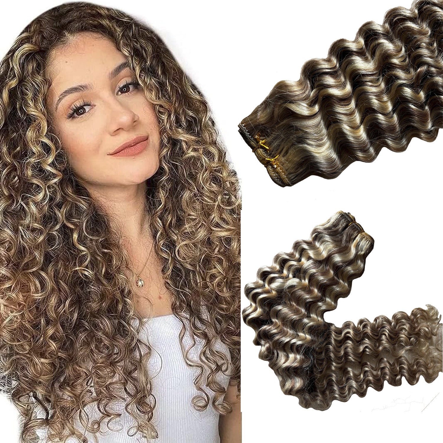 Weaving Weft Curly Hair Extensions Remy Human Hair Highlight P8/60 Thick 100g