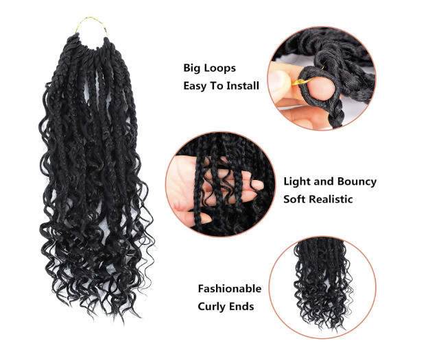 Bohemian Box Braids Crochet Hair Curly Ends Pre-Looped 14 inch 8 Packs Black 1B