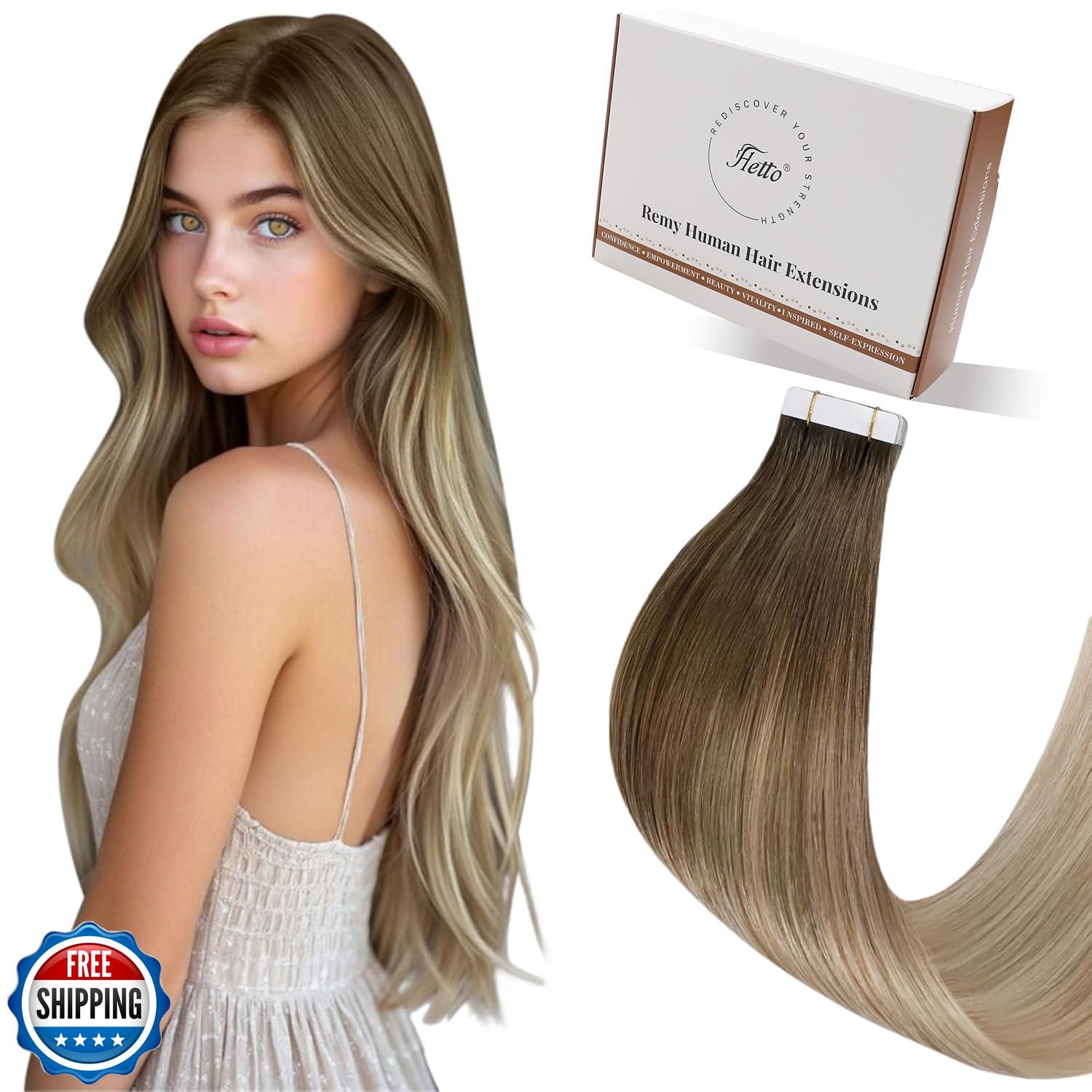 Hetto Tape in Hair Extensions Human Hair Ombre Light Brown to Ash Blonde with