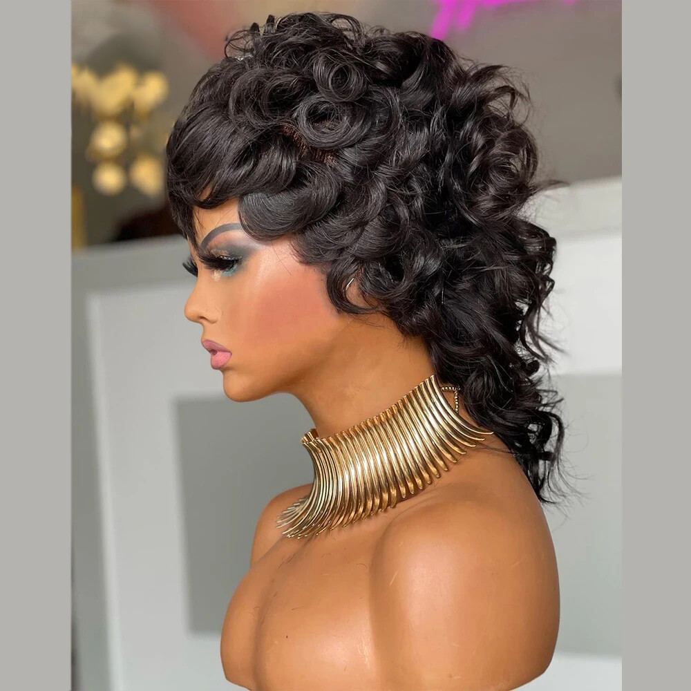 Black Short Mullet Curly Wig Wigs with Bangs Brazilian Hair None Lace Wigs