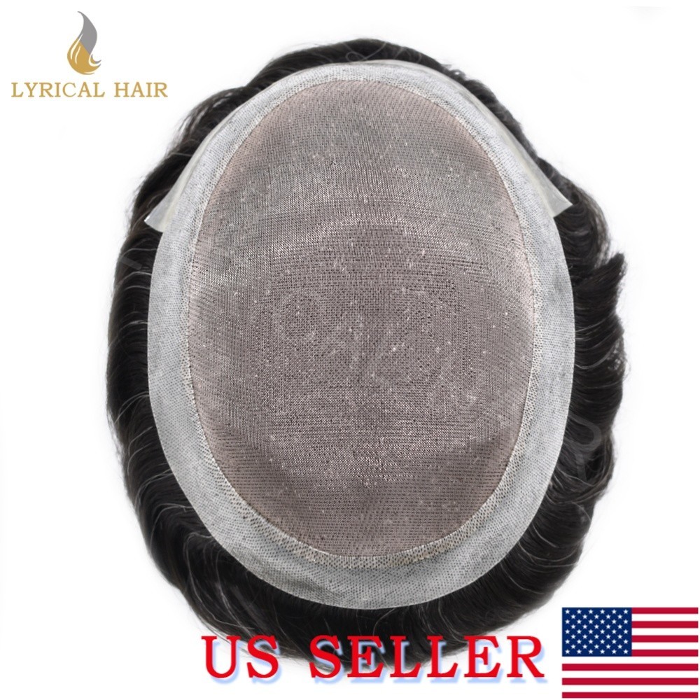LYRICAL HAIR Mens Toupee Fine Mono Lace Human Hairpiece Skin PU Monofilament Wig
