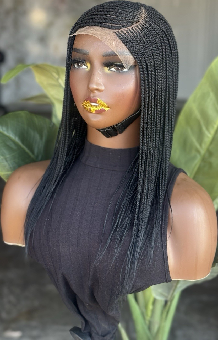 Braided Lace Front Black Wig Straight c-cut for Women Synthetic Medium 10inches