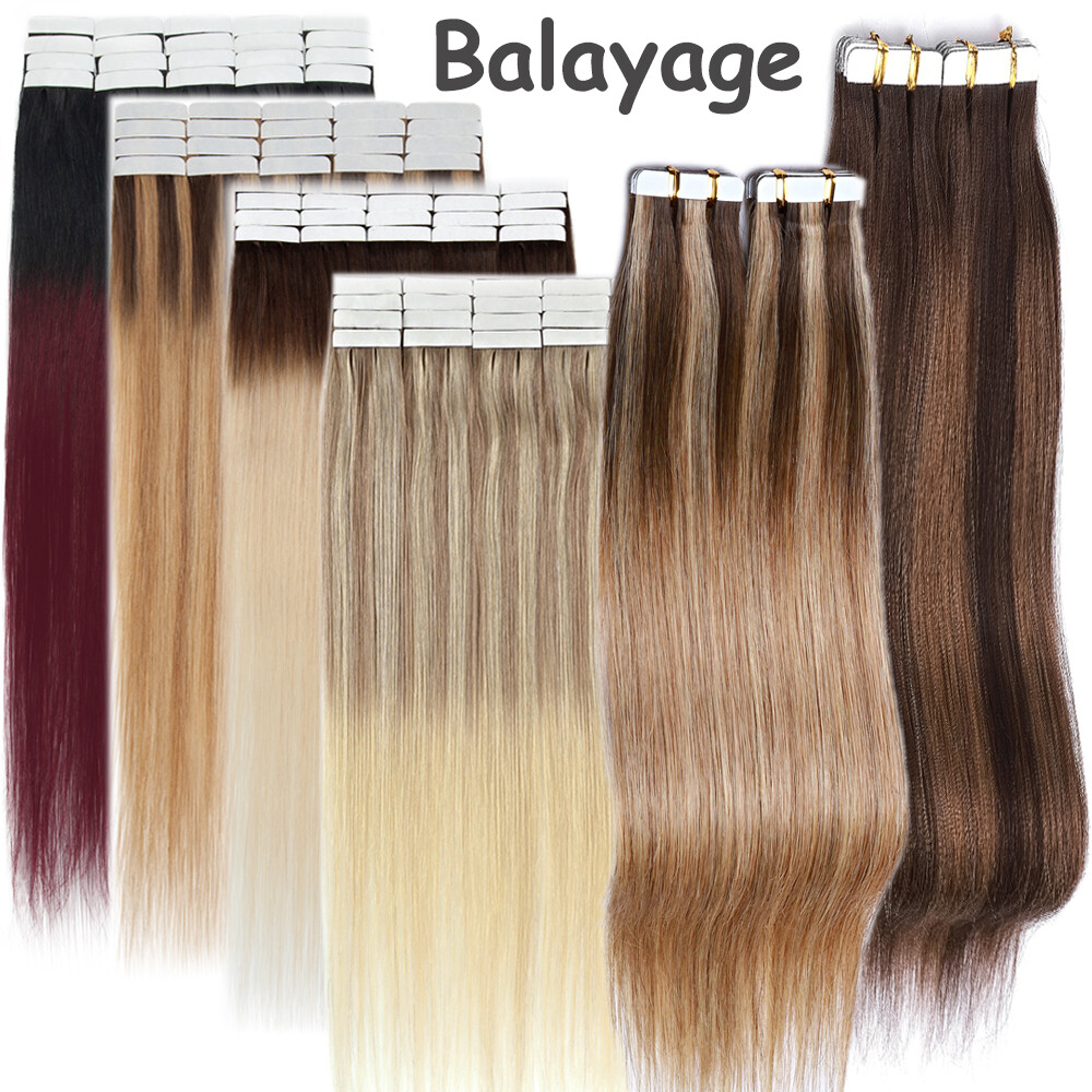 40PCS 100% Human Hair Extensions Tape in Skin Weft Thick Full Head Black Virgin