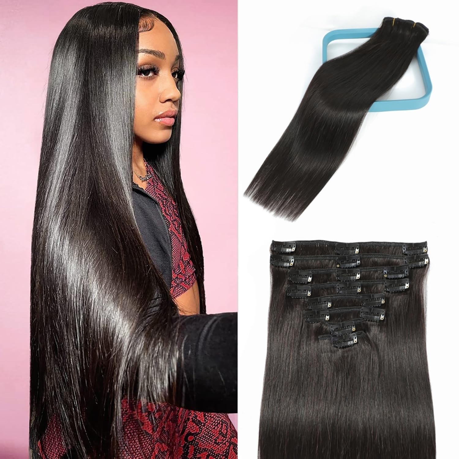 LORIEN Clip in Hair Extensions Real Human Hair, 18 Inch 100g/3.6oz, 1B Natural B