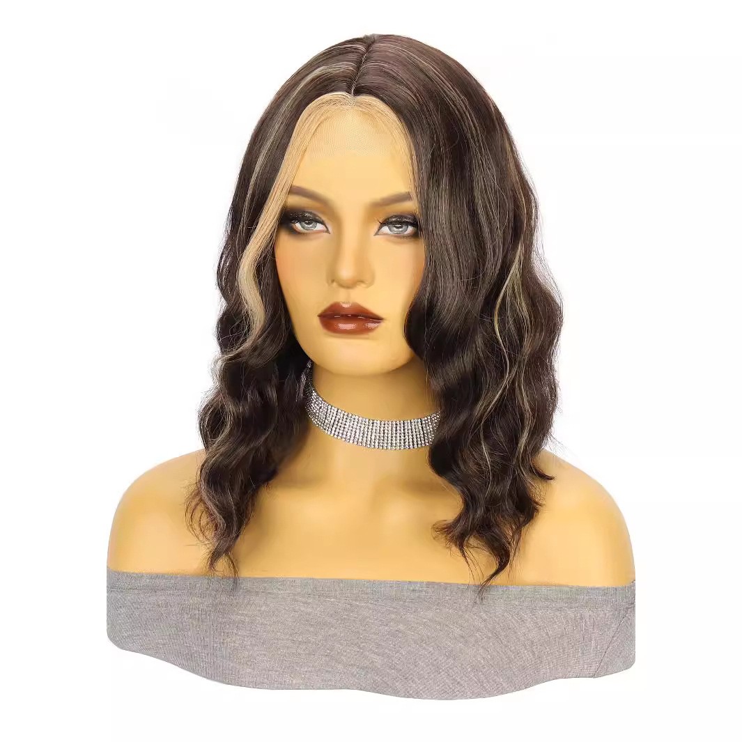 Brown Highlight Short Water Wave Curly Small Lace Synthetic Wig Heat Resistant