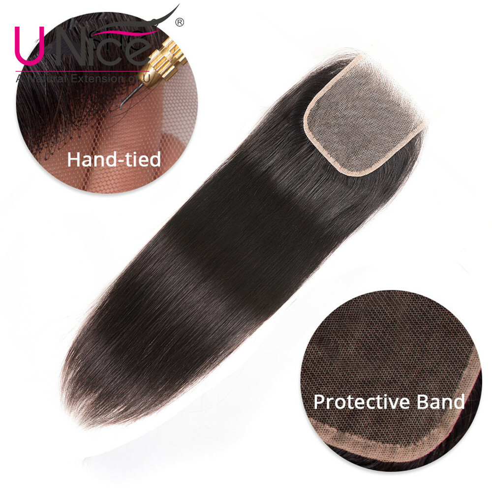 UNice Brazilian Straight Human Hair Extensions 4 Bundles Weave With Lace Closure