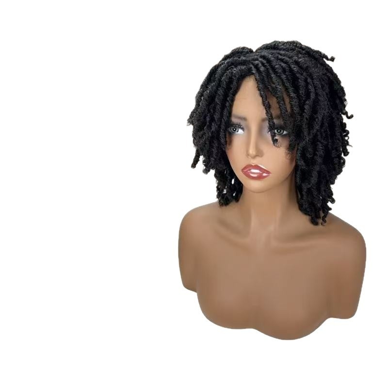 Short Dreadlock Wig 12 Inch Synthetic Fiber Curly Braided Wig Rose Net Cap 1B#