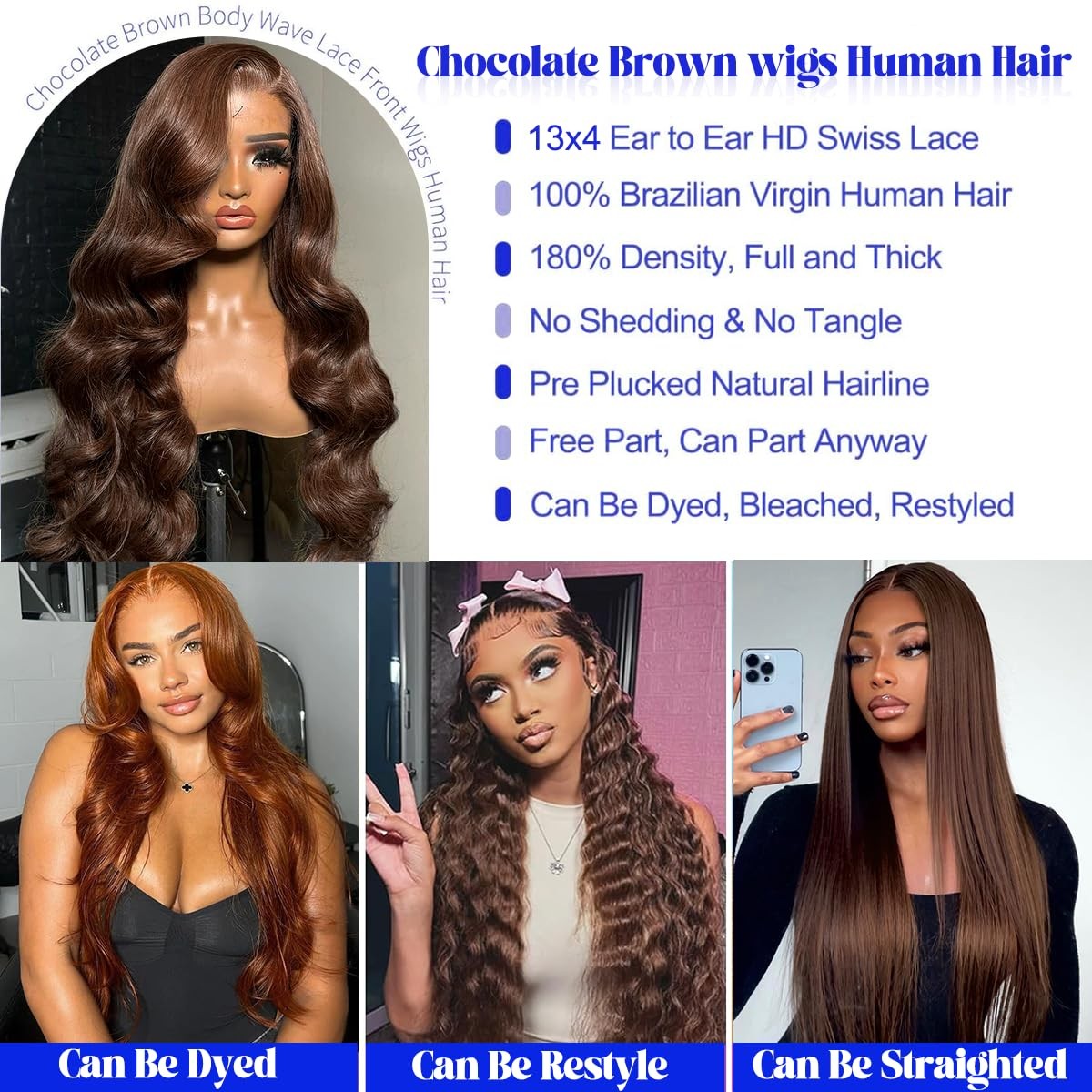 Lukymart Chocolate Brown Lace Front Wigs Human Hair Pre Plucked 13X4 Hd Body