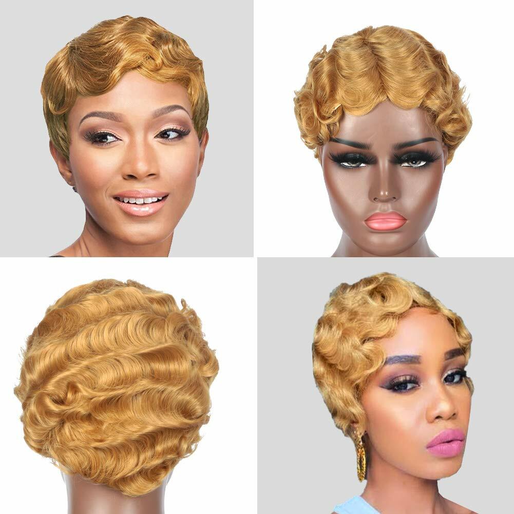 Short Pixie Cut Ocean Wave Brazilian Human Hair Wigs Finger Wave Brown No Lace
