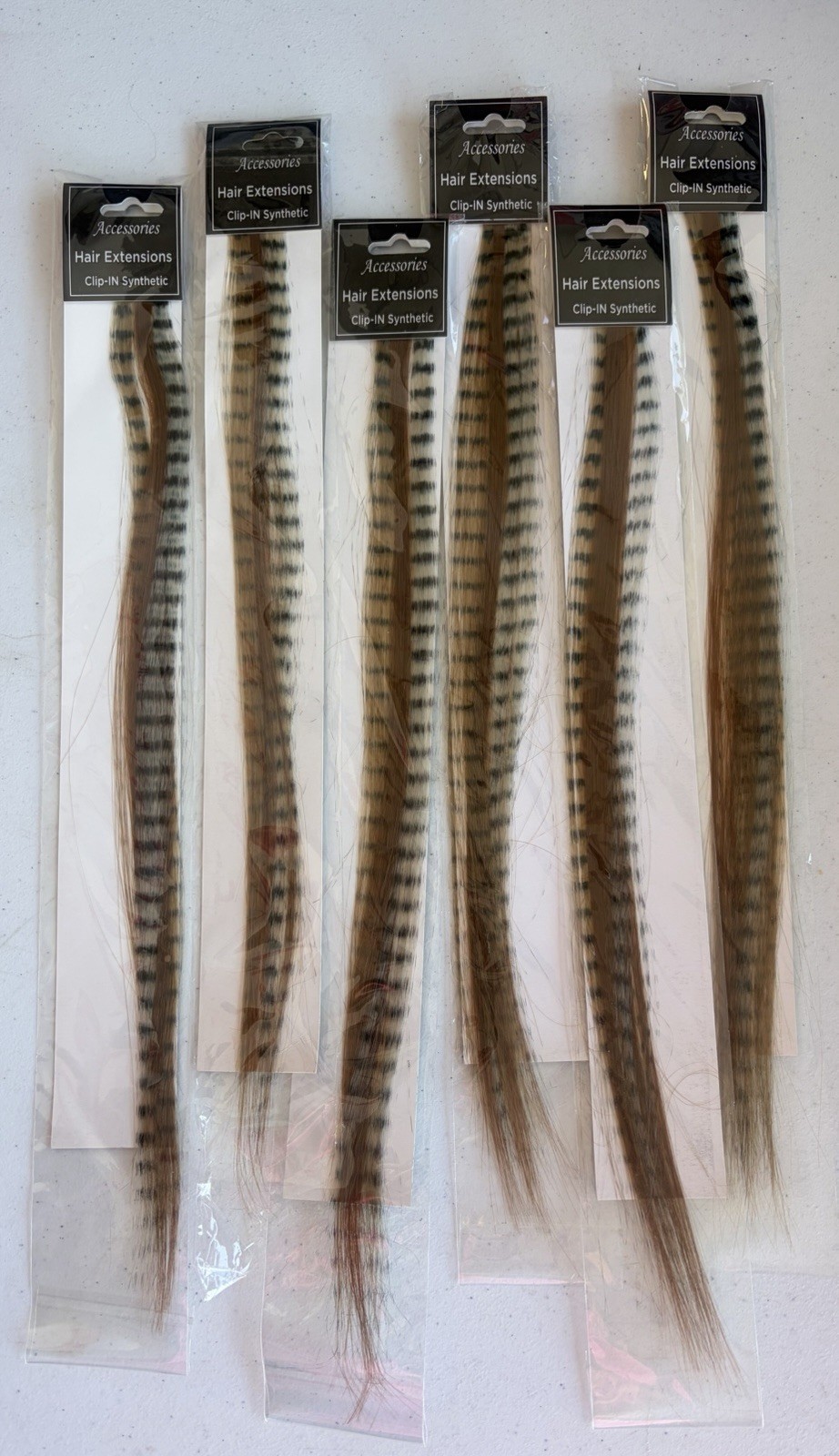 6 Packs CLIP IN FAUX SYNTHETIC FEATHERS 16″ HAIR EXTENSIONS Brown/Black/Tan NEW