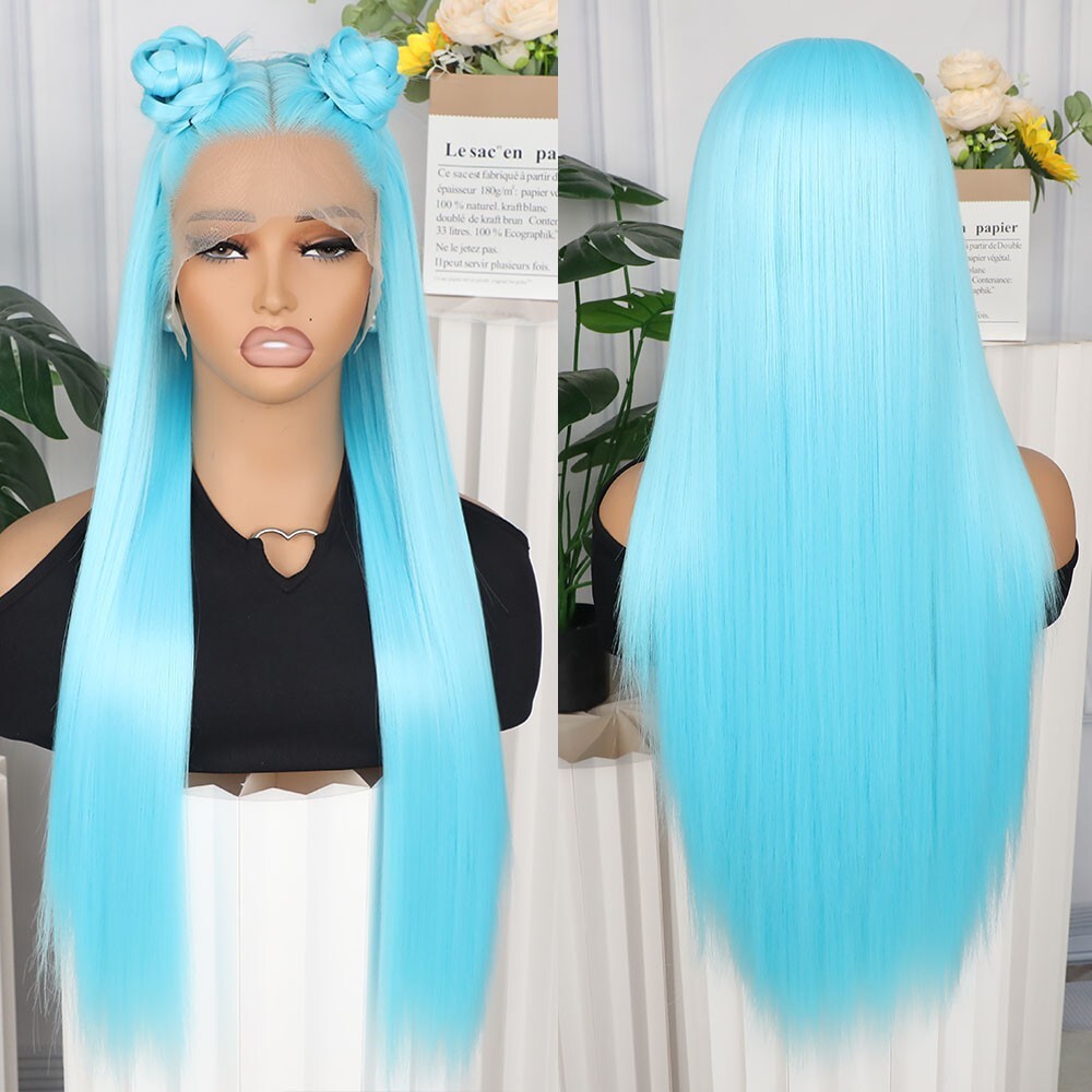 Light Blue Hair Lace Front Wigs Synthetic Pre Plucked Heat Resistant Women Party