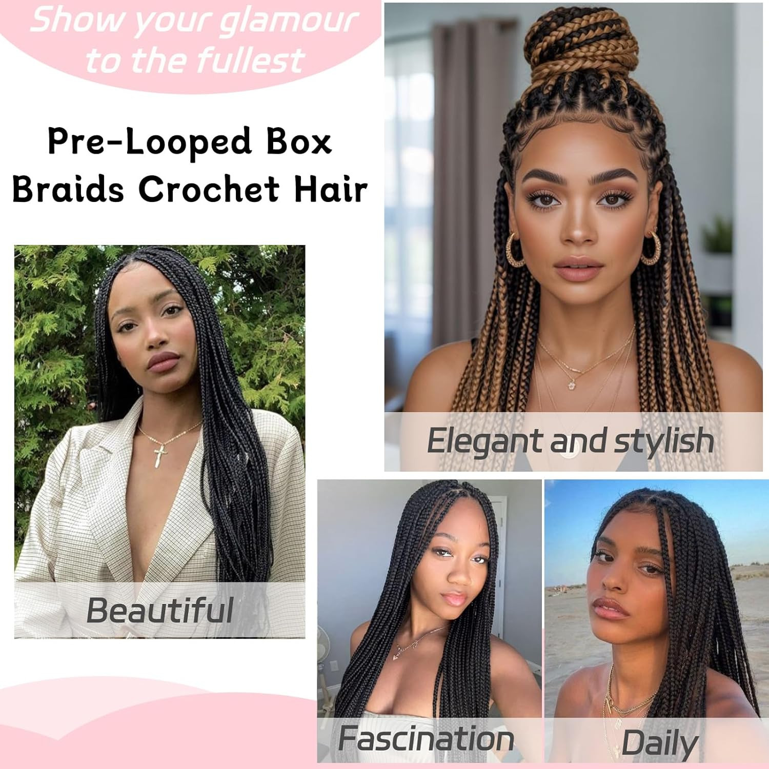 8 Packs 24 Inch Box Braids Crochet Hair Pre-Looped Knotless Medium 3X