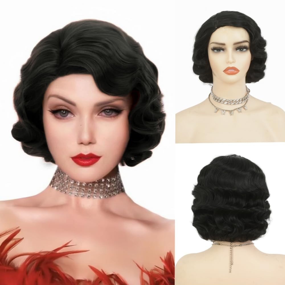 Salaibs Black Finger Wave Wigs for Women 1920s Wig Vintage Wigs Synthetic Fiber