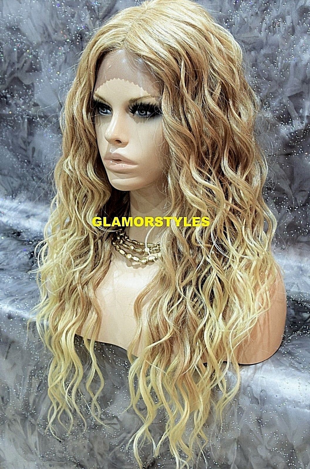 LACE FRONT FULL WIG LONG SPIRAL CURL LAYERED MIDDLE PART MEDIUM BLONDE HEAT OK