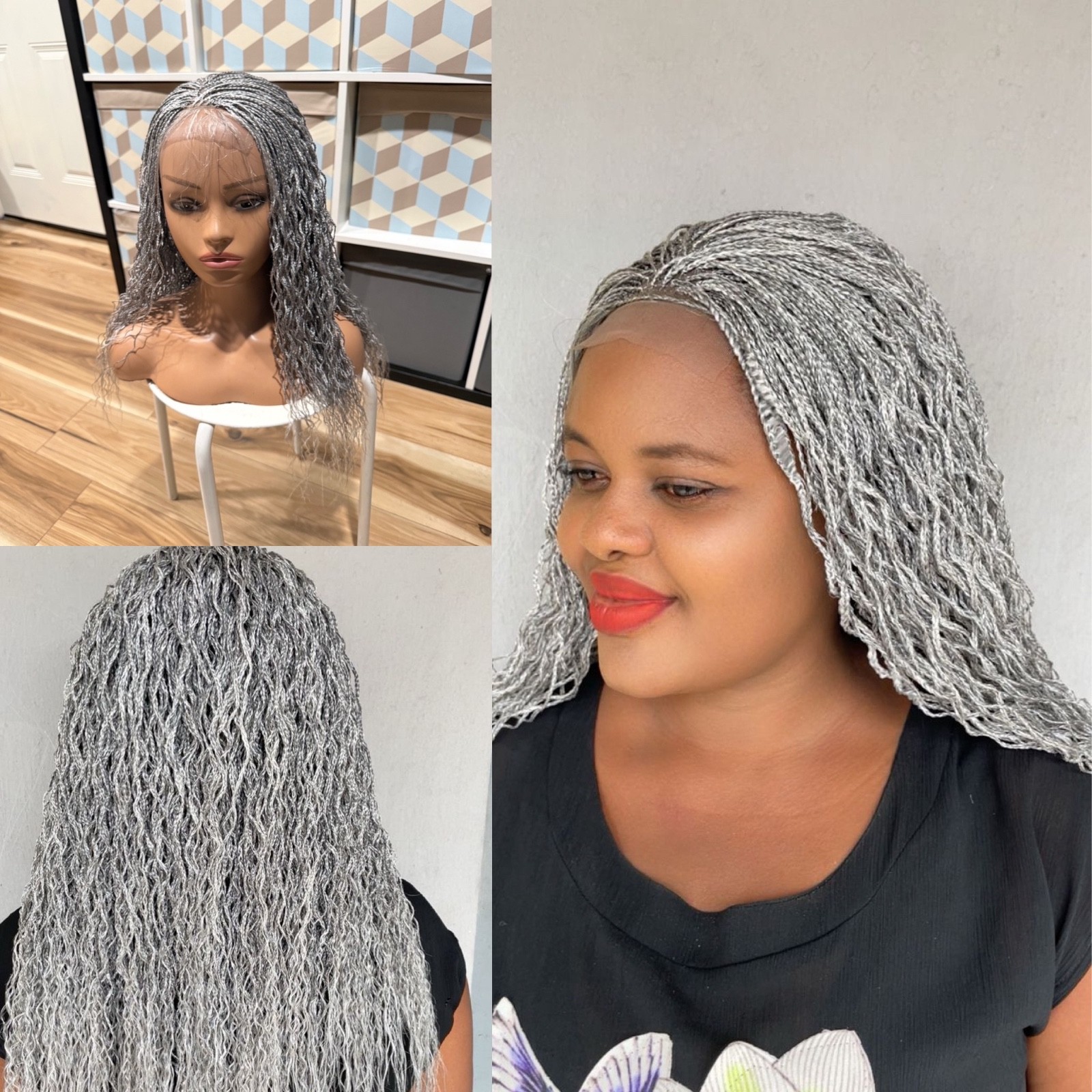 braided curly wg. It’s made on a closure. Color is gray. Length is 18 inches lon