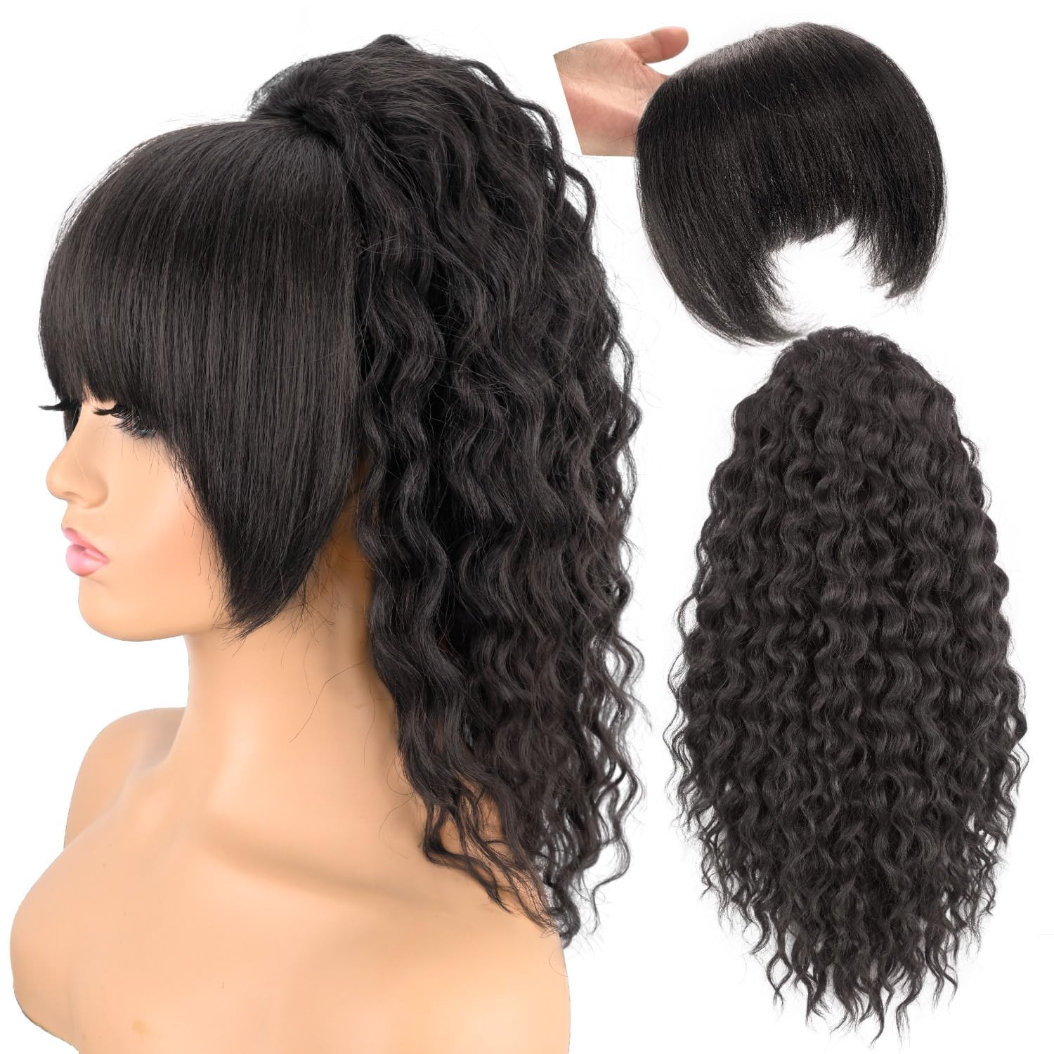 Ponytail Extension with Bangs 20 Inch Yaki Curly Drawstring – Versatile