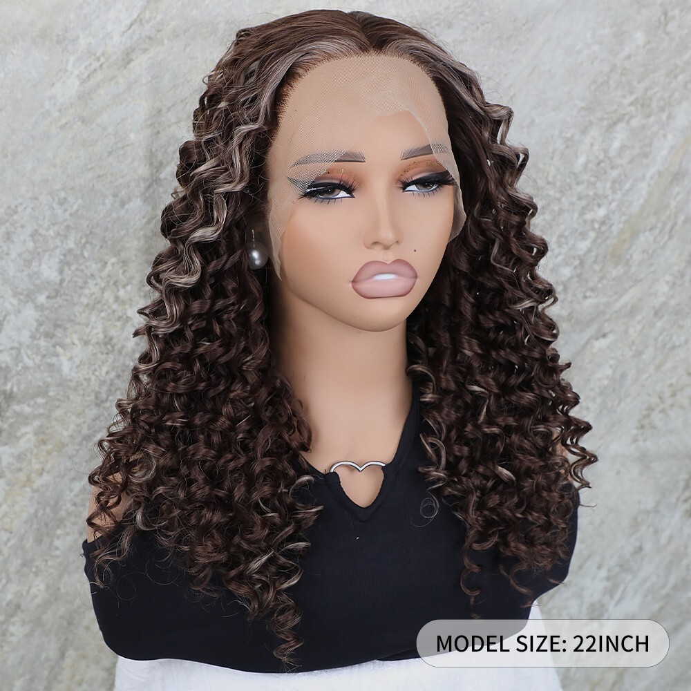 Highlight Blonde Brown Curly Hair Lace Front Wigs Synthetic Pre Plucked Glueless