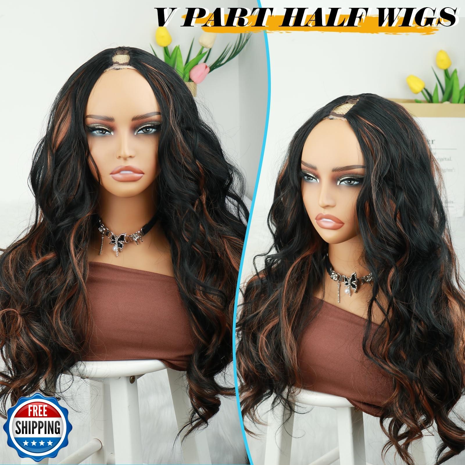 KRSI Highlights Brown V Part Wig Upgrade U Part Wigs Clip in Synthetic Hair R