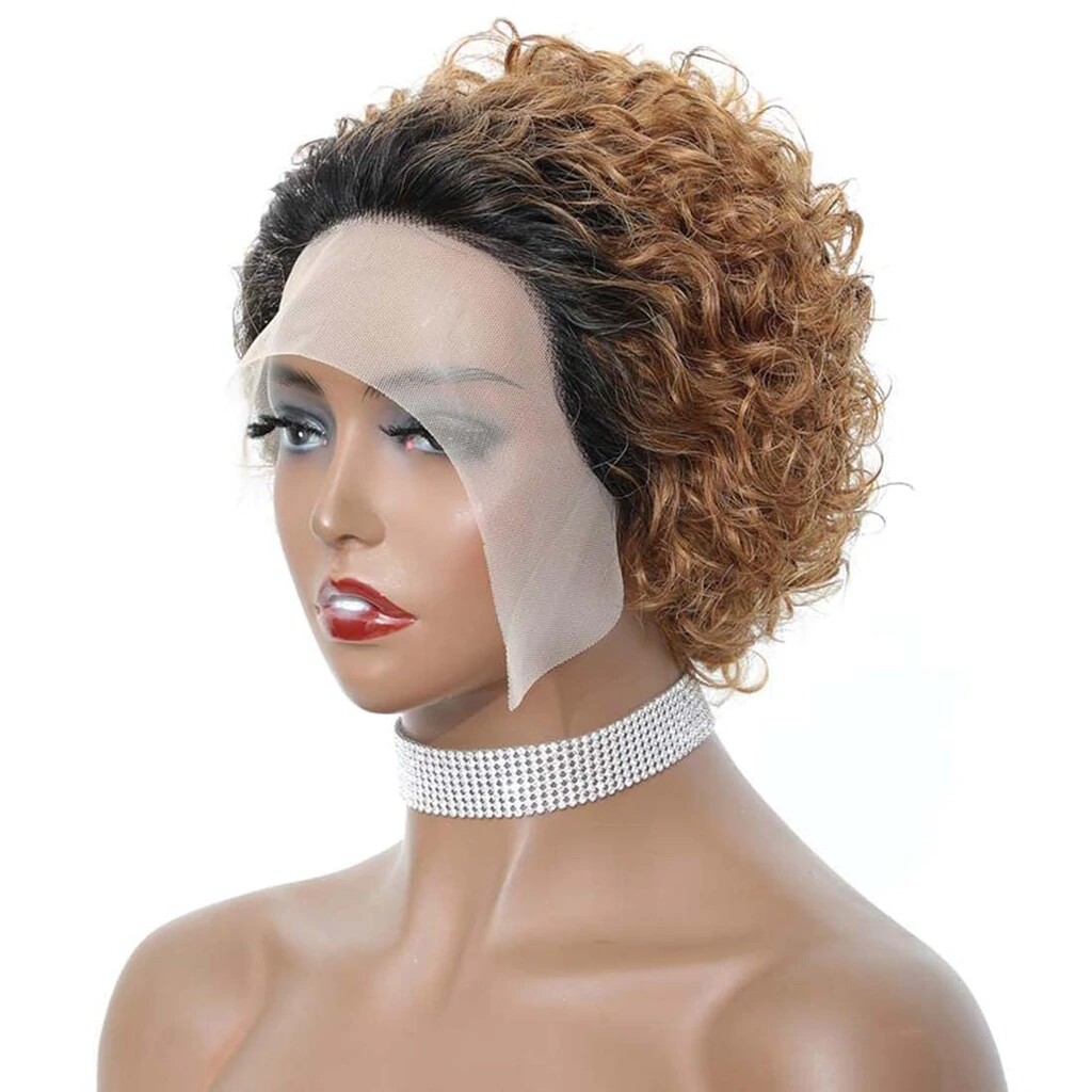 Short Ombre Blonde Curly Human Hair Lace Front Wig Wave Pixie Cut Wigs 13×1 Lace
